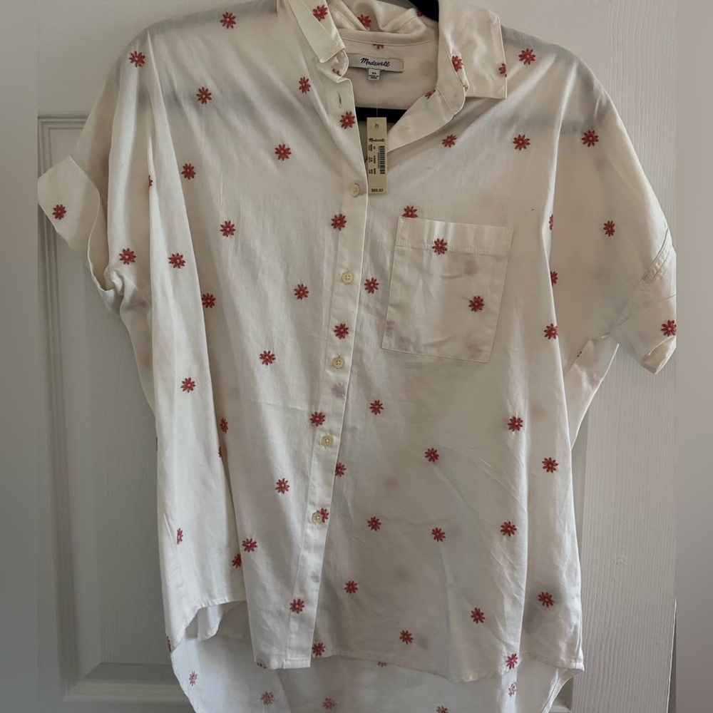 Madewell White Short Sleeve Button-Down Shirt with Embroidered Red Floral Dots